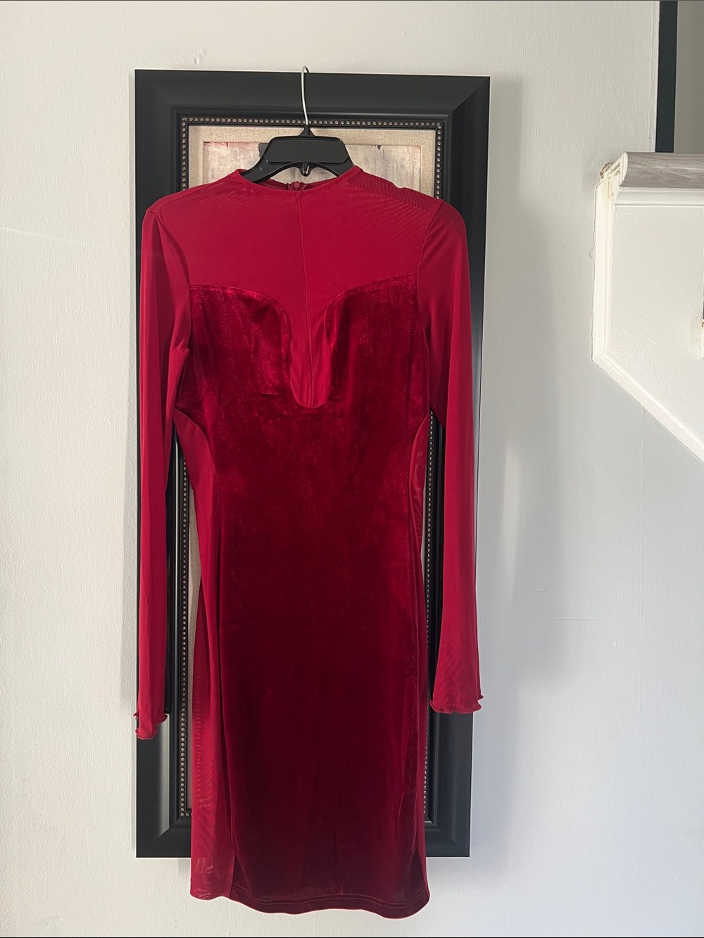 Long Sleeve Velvet Red Bodycon Dress - Women